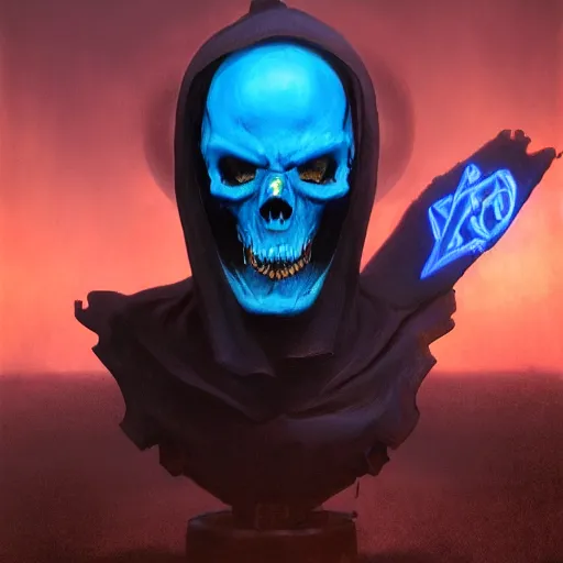 Image similar to a grim reaper with a crt monitor for a face. the monitor has a blue screen with white letters on it. by frank frazetta, simon bisley, brom, concept art, octane render, unreal engine 5, highly detailed, high quality, 8 k, soft lighting, realistic face, path traced