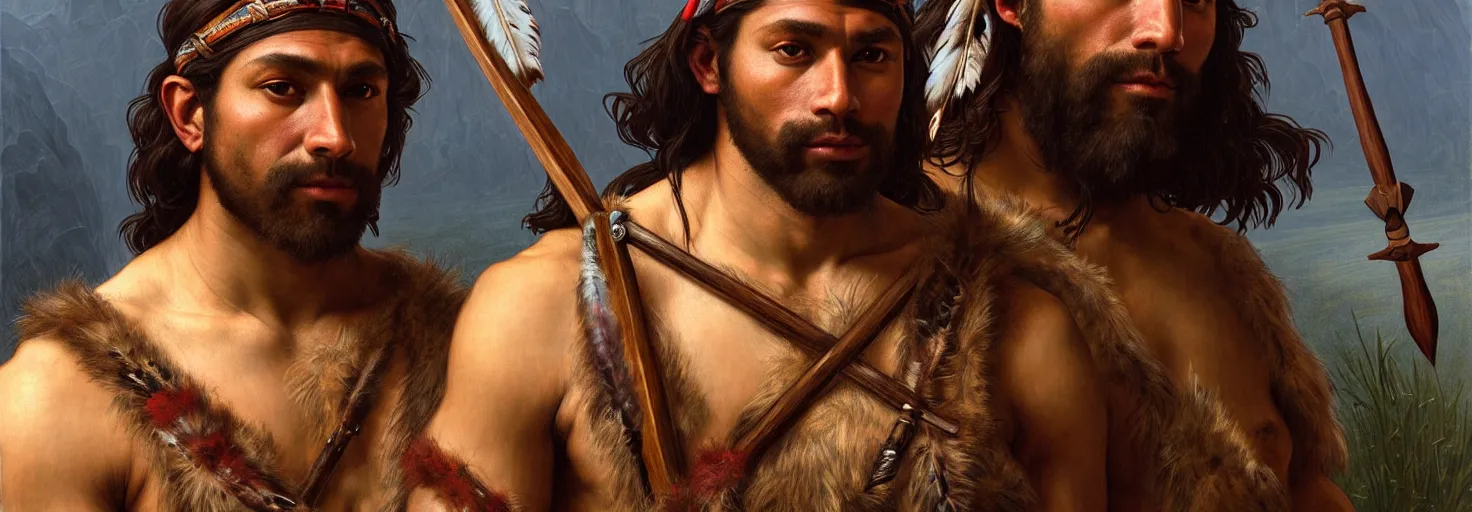 Prompt: renaissance upper body portrait of a gruff ranger with a spear, American Indian Native American Indigenous, lean and toned, handsome face, hairy chest, D&D, intricate, elegant, highly detailed, digital painting, artstation, concept art, matte, sharp focus, illustration, art by da Vinci, Artgerm and Greg Rutkowski and Alphonse Mucha