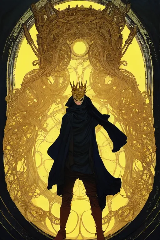 Prompt: A full body portrait of a mysterious character with no face with a very long hooded yellow cloak, a golden crown floating above his head, tentacles coming out the ground art by Artgerm and Greg Rutkowski and Alphonse Mucha and Craig Mullins and James Jean and Andrei Riabovitchev and Marc Simonetti and peter mohrbacher, sharp focus, ominous, cosmic horror, trending on artstation, Ultra detailed, hyper realistic 4k