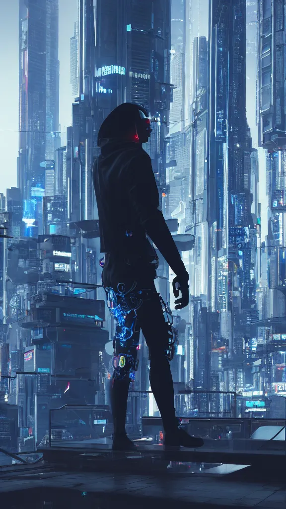 Image similar to a cyberpunk futuristic man smoking cigarettes behind a cyberpunk city, 8 k, sharp, detailed, photorealistic, octane render.