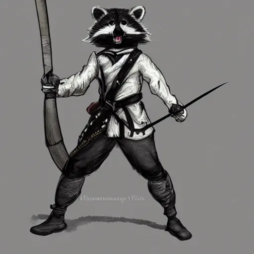 Prompt: a brave raccoon musketeer with a rapier, fantasy concept art