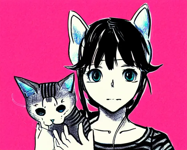 Image similar to a drawing of a girl with a cat on her head, a manga drawing by noami, featured on pixiv, digital art, anime aesthetic, anaglyph effect, official art