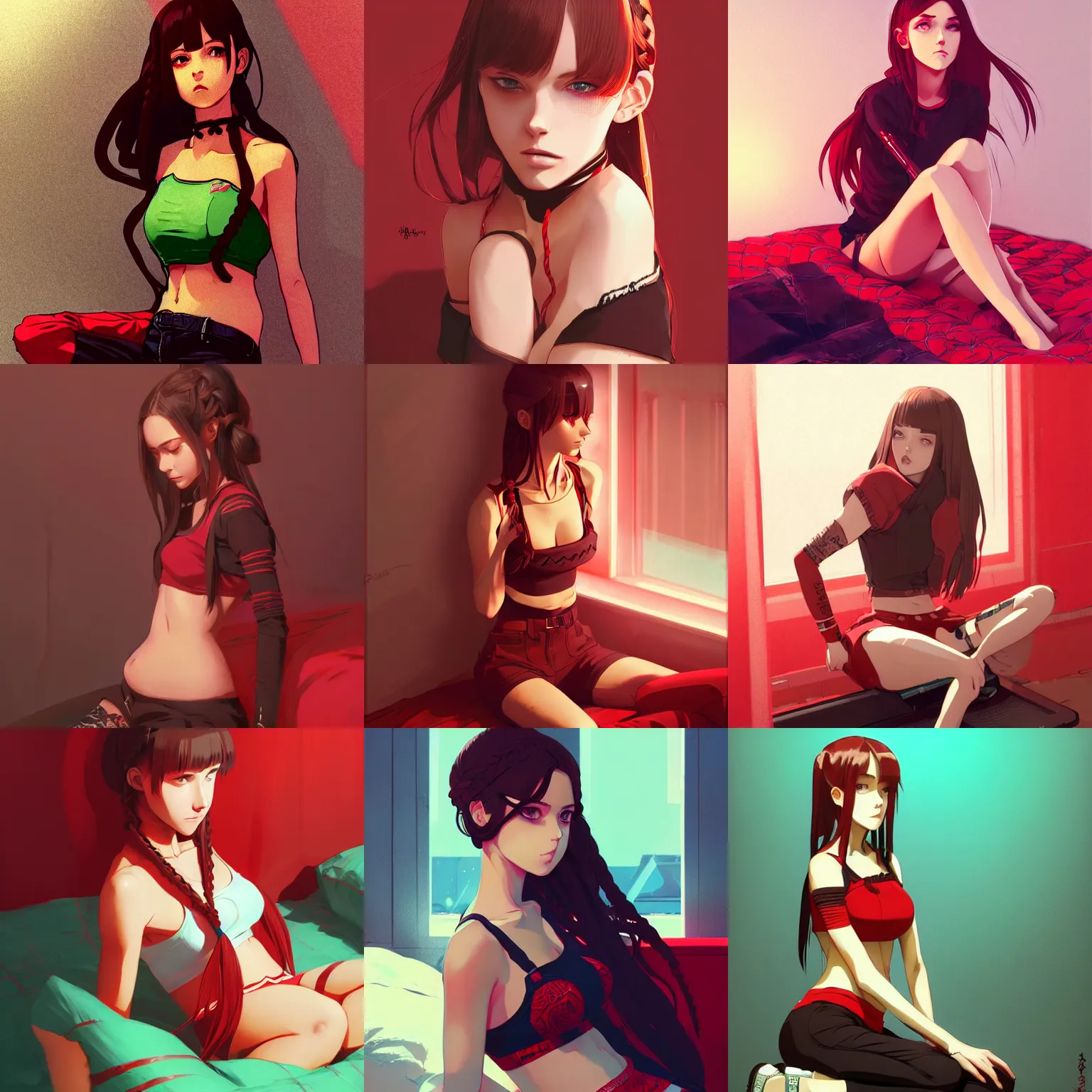 Prompt: sexy girl with braided brown hair and green eyes, wearing a crop top, sitting on her bed, black and red colors, highly detailed, in the style of and ilya kuvshinov and greg rutkowski, high quality anime artstyle, intricate
