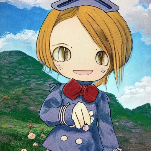 Image similar to little girl with an small curvy blonde hair wearing an sailor suit, artwork in made in abyss art style, inspired in balthus, high details