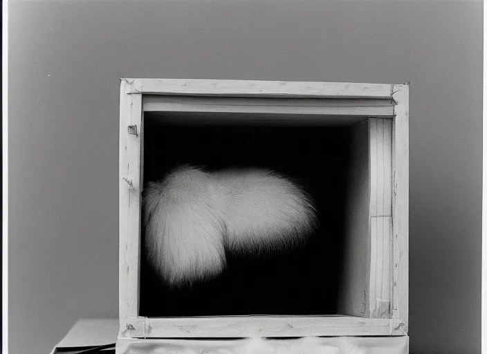 Prompt: realistic documentary photo of a white fireworks white hairy fur fluffy, in a wooden box, front view, grain 1 9 9 0, life magazine reportage photo, metropolitan museum photo