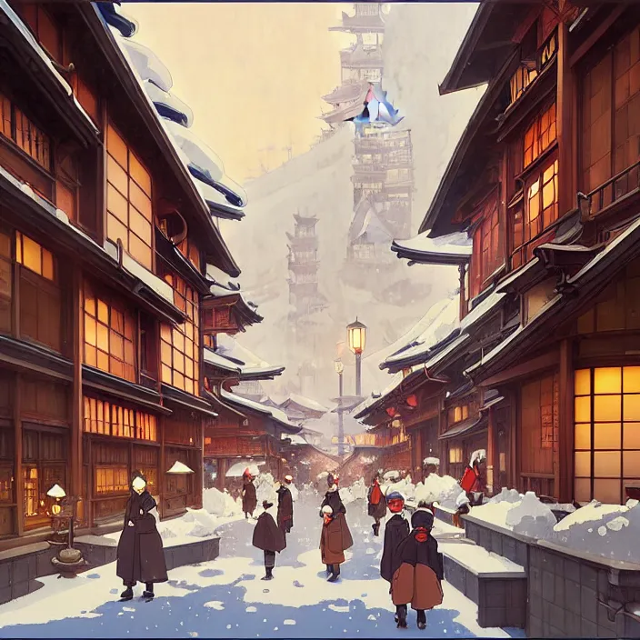 Image similar to japanese city, winter, in the style of studio ghibli, j. c. leyendecker, greg rutkowski, artem