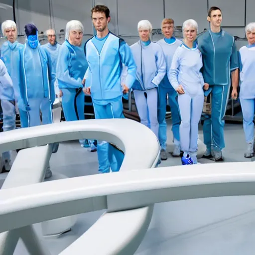 Image similar to group of identical athletic humans with light blue neoprene suits and white hair standing in a line on a conveyor belt, background of advanced futuristic laboratory, sci - fi, highly detailed, hyperrealistic