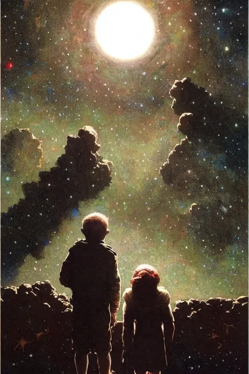 Image similar to a 1 2 year old boy and 1 0 year old girl looking at a wall and viewing the universe full of galaxies, part by norman rockwell, part by greg rutkowski, part by mattias adolfsson, high angle, ( ( ( ( volumetric lighting ) ) ) ), oil on canvas