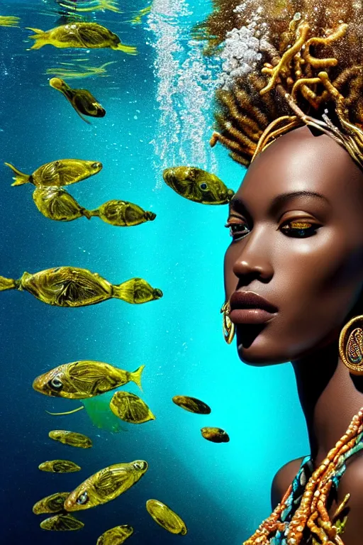 Image similar to hyperrealistic wide shot of very expressive! translucent!! african goddess, cinematic underwater scene with fish and algae, gold jewerly, highly detailed face, digital art masterpiece, eric zener cam de leon, dramatic pearlescent turquoise light on one side, low angle uhd 8 k, shallow depth of field