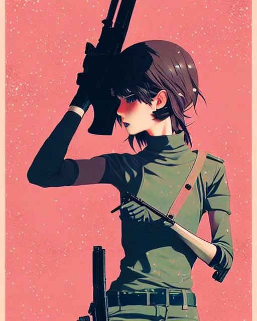 Image similar to girl holding rifle, manga!! detailed manga illustration!! intricate details, aesthetically pleasing pastel colors, poster background, aesthetic details, art by conrad roset and ilya kuvshinov