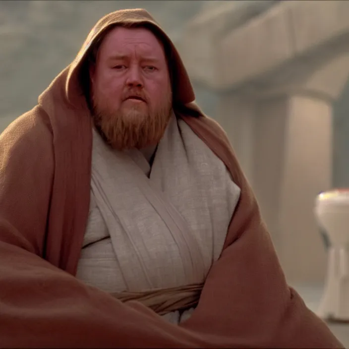 Image similar to obi wan kenobi but obese!! and overweight, photoralistic rendering, movie still, screenshot, hyperdetailed