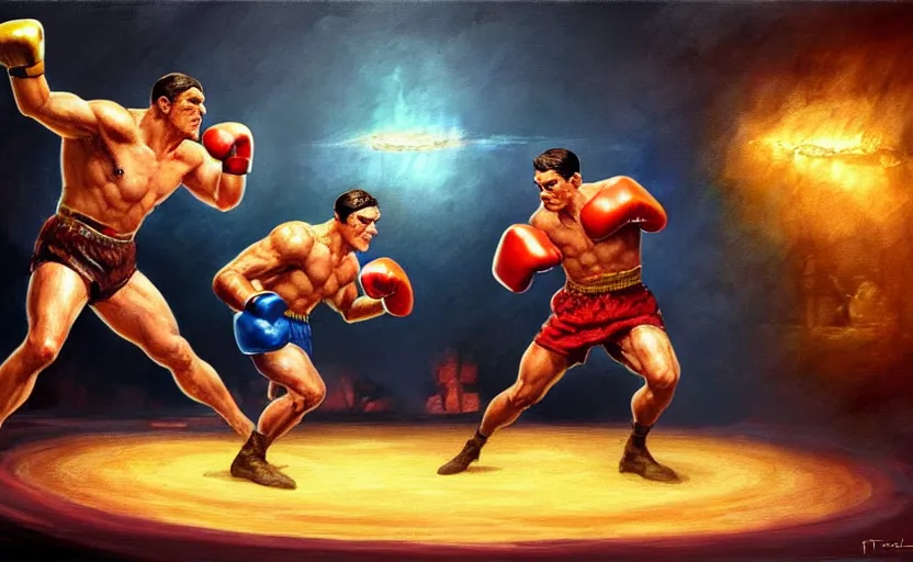 Image similar to a piece of toast boxing ; magic : the gathering fantasy concept art of a piece of toast that is a boxer, by frank frazetta and marco bucci, high resolution. boxing ring in the background, dramatic stadium lighting, fantasy coloring, intricate, digital painting, artstation, smooth, sharp focus