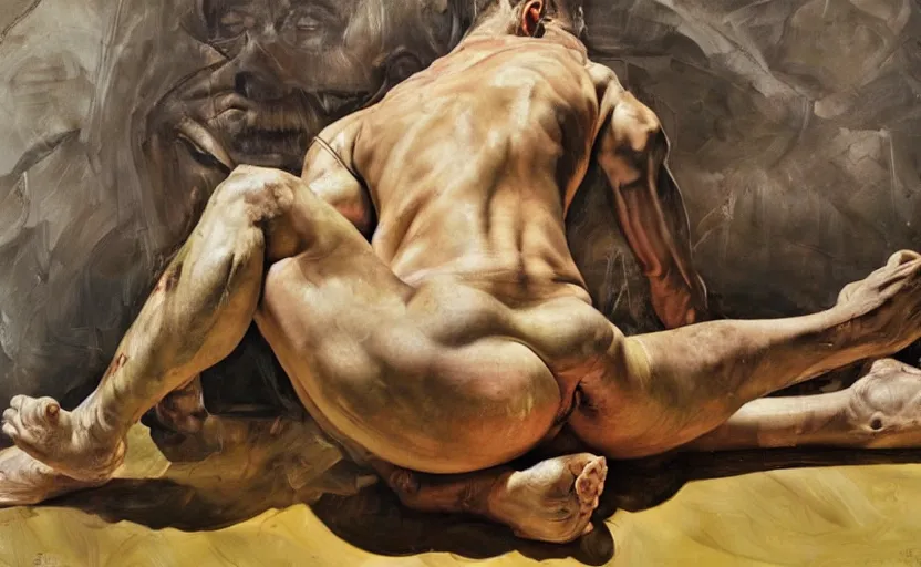 Image similar to high quality high detail painting by lucian freud and frank frazetta and jenny saville, hd, depressing, muted colors, cinematic