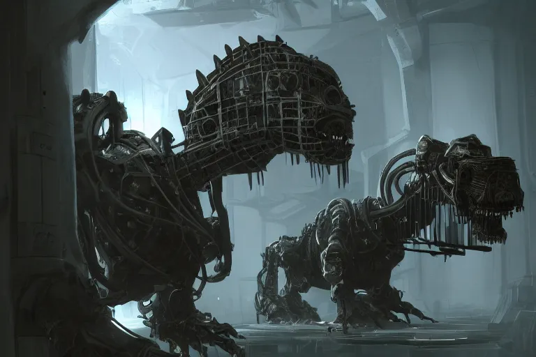 Prompt: robosaurus parallax datacenter server room interior single mono colossus white rusty robot sitting artstation cinematic detailed concept art volumetric light sharp coherent cgsociety symmetric perfect well balanced shadows lotr goddess