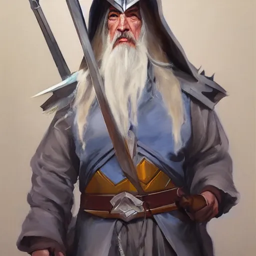 Prompt: greg manchess portrait painting of partially armored gandalf as overwatch character, medium shot, asymmetrical, profile picture, organic painting, sunny day, matte painting, bold shapes, hard edges, street art, trending on artstation, by huang guangjian and gil elvgren and sachin teng