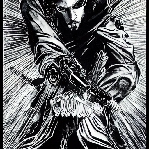 Prompt: pen and ink!!!! attractive 22 year old cyborg!!! Frank Zappa x Jared Leto Metal Gear Solid technical art Dune!!! golden Vagabond!!!! magic swordsman glides through a beautiful!!!!!!!! battlefield magic the gathering dramatic esoteric!!!!!! pen and ink!!!!! illustrated in high detail!!!!!!!! by Hiroya Oku!!!!!!!!! Written by Wes Anderson graphic novel published on shonen jump MTG!!! 2049 award winning!!!!