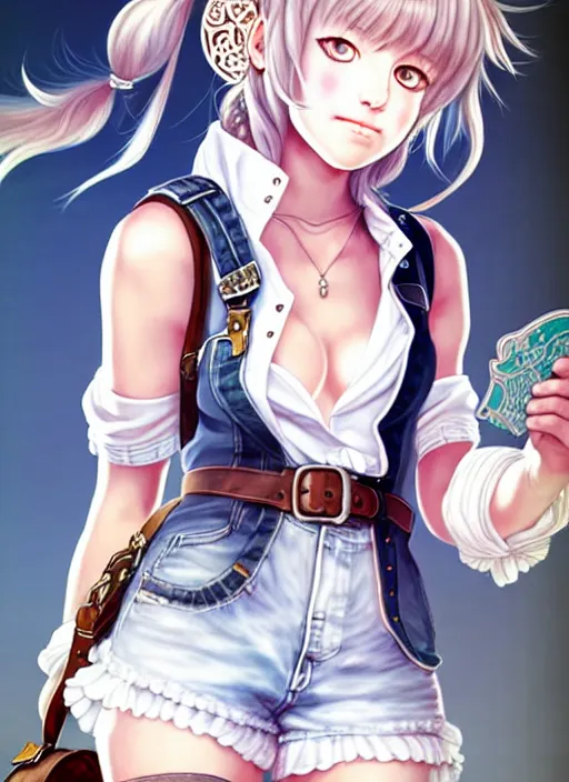 Image similar to a portrait of catgirl wearing white vest, and denim shorts an ultrafine detailed painting, detailed painting, beatyfull eyes, octopath traveler