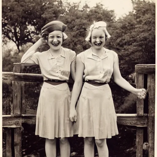 Image similar to a vintage 1 9 3 0 s photograph of three cheerful young ladies posing on a timber bridge in the countryside.