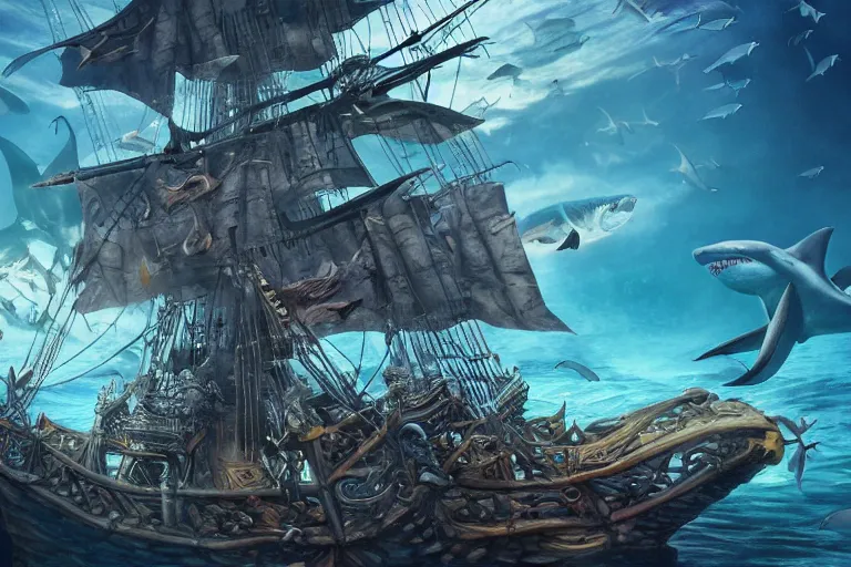 Image similar to elaborate pirate ship surrounded by sharks, low angle, digital painting, mixed media, trending on artstation and deviantart, epic composition, highly detailed, 8 k