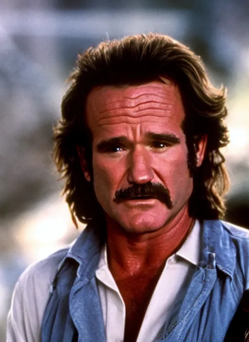 Image similar to film still of Robin Williams as Martin Riggs in Lethal Weapon, 4k