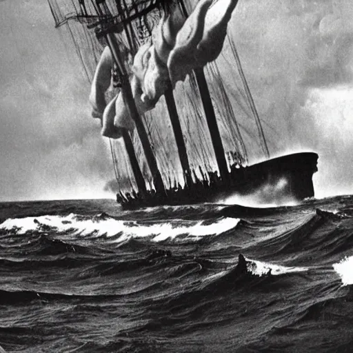 Prompt: giant anomalous machine in the middle of a violent stormy ocean, 1900s photograph