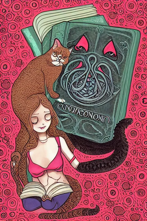 Image similar to ai illustration of romantic girl, her cat and her book of necronomicon, symmetrical, cinematic, sharp focus, 4 k, ultra hd, sense of awe, sinister demonic atmosphere, dreadful, forbidden knowledge, old gods, cthulhu, yog - sothoth! yah, yah, yah! cultist journal cover