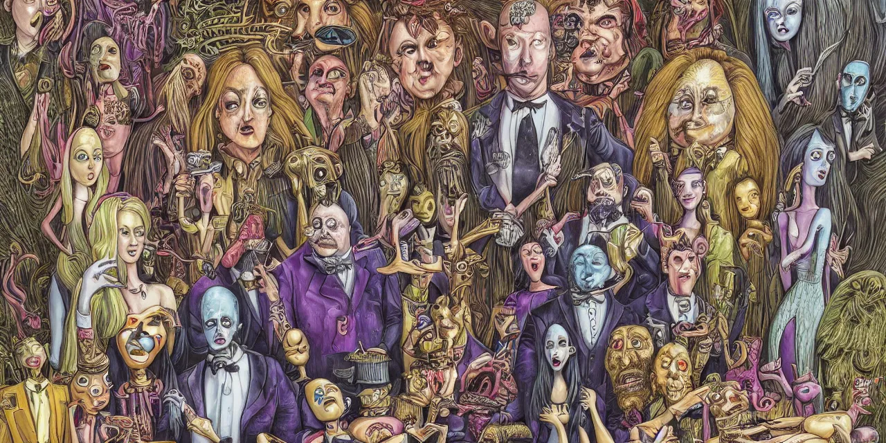 Prompt: a highly detailed image of a addams family style illustration, rich colors, surreal aliens meet the last super part 2