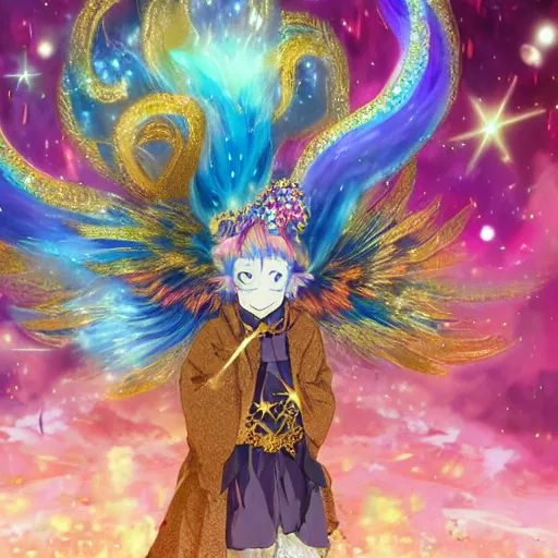 Prompt: portrait from an anime of an ethereal colorful blue starry fox peacock character accented in gold, wearing star filled magic imbued mage robes, wearing lots of gold jewelry and gems, set in observatory at night, art by yuji ikehata, background art by miyazaki, art direction from haruko ichikawa, proper human proportions, fully clothed,