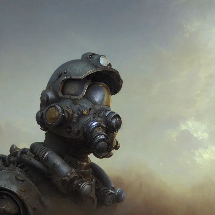 Prompt: a beautiful oil painting of a t - 5 1 power armor, fallout, fallout 4 by ivan aivazovsky and greg rutkowski and james gurney and frank lloyd and sung choi and monet, in style of impressionnisme. hyper detailed, sharp focus, soft light. unreal engine 5 lumen. ray tracing. trending on artstation. oil on canvas