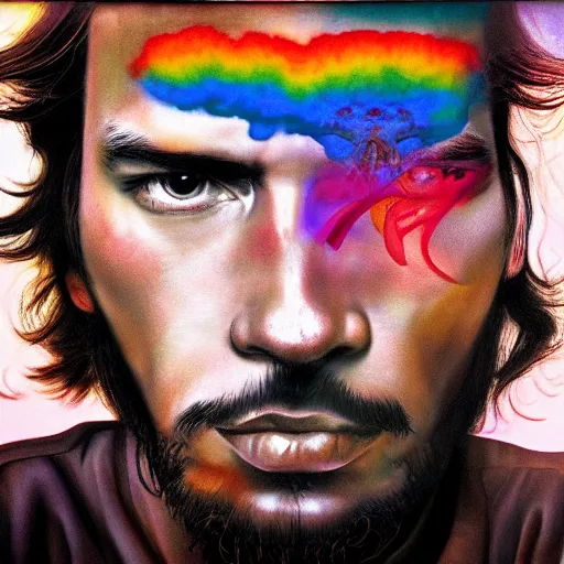 Image similar to colour masterpiece surreal closeup portrait photography of che guevara by miho hirano and annie leibovitz and michael cheval, psychedelic smoke background, 8 k