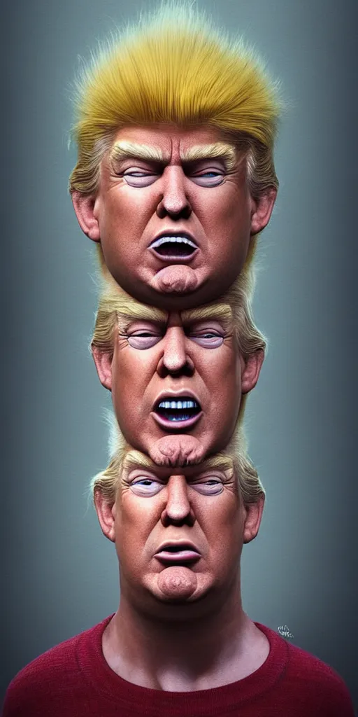 Image similar to hyperrealistic mixed media painting of Trump as a Norwegian Troll doll, stunning 3d render inspired art by P. Craig Russell and Barry Windsor-Smith + perfect facial symmetry + dim volumetric lighting, head and shoulders, serious expression, 8k octane beautifully detailed render, post-processing, extremely hyperdetailed, intricate, epic composition, grim yet sparkling atmosphere, cinematic lighting + masterpiece, trending on artstation, very detailed, masterpiece, stunning