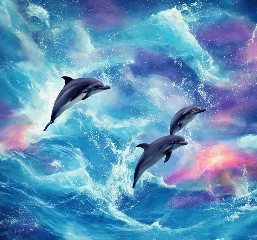 Image similar to dolphin riding a wave in space, realistic, colorful, astral,