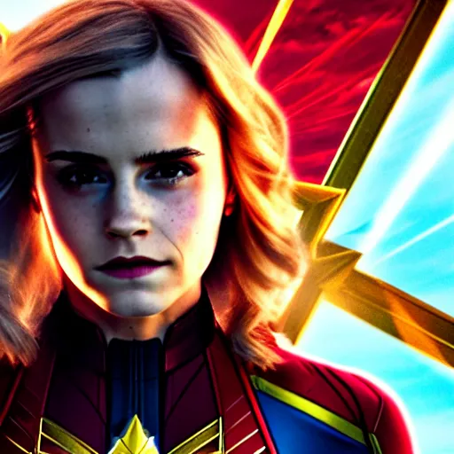 Image similar to Emma Watson modeling as Captain Marvel, (EOS 5DS R, ISO100, f/8, 1/125, 84mm, postprocessed, crisp face, facial features)