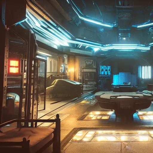 Prompt: A photograph of interior of cyberpunk mansion set in a cyberpunk utopia. Highly detailed, 8k wallpaper, HDR, concept art, unreal engine 5, 4k, 8k, ray tracing, bloom, lens flare