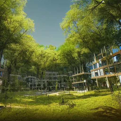 Prompt: an architecture concept art of a forest building, vegetal walls, parcs in the front, city in the background, blue sky, 4 k, high quality, artstation