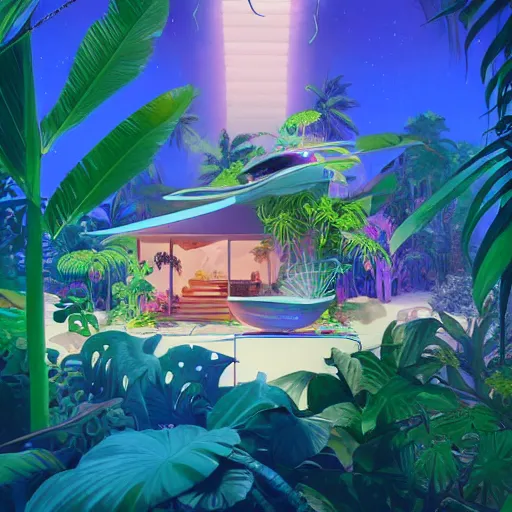 Image similar to a luminescent tropical cottage by paolo eleuteri serpieri and tomer hanuka and chesley bonestell and daniel merriam and tomokazu matsuyama, unreal engine, high resolution render, featured on artstation, octane, 8 k, highly intricate details, vivid colors, vector illustration