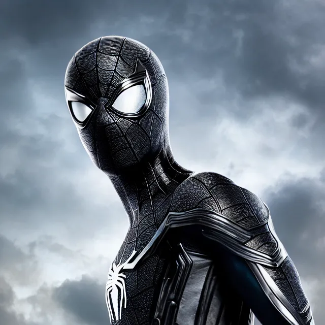 Prompt: photo of a cyber black and silver spider - man highly detailed 8 k hdr smooth sharp focus high resolution award - winning photo