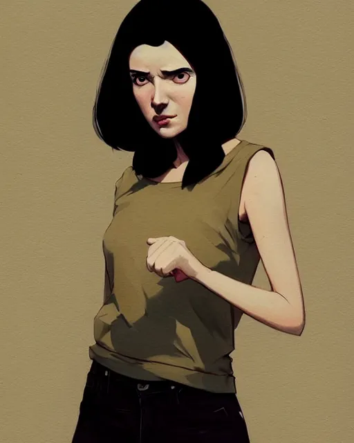 Image similar to cottagecore hyper - realistic portrait of a woman in black sleeveless t - shirt, black hair, persian daisy, by atey ghailan, by greg rutkowski, by greg tocchini, by james gilleard, by joe fenton, by kaethe butcher, dynamic lighting, gradient light yellow, brown, blonde cream and white color scheme, grunge aesthetic