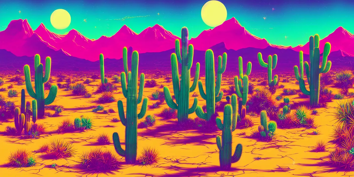 Prompt: a retrowave aesthetic style artwork of an alien prairie, desert, colorful cactuses, spacetime bending, very detailed, serene, gold accents, washed out colors, beautiful artwork, master level composition, raytracing