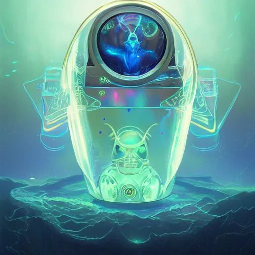 Prompt: intricate holographic ghost in the machine pices fish made of microcircuitry and transistors in a glowing deap sea by peter mohrbacher and dan mumford, trending on artstation, cgsociety 4 k