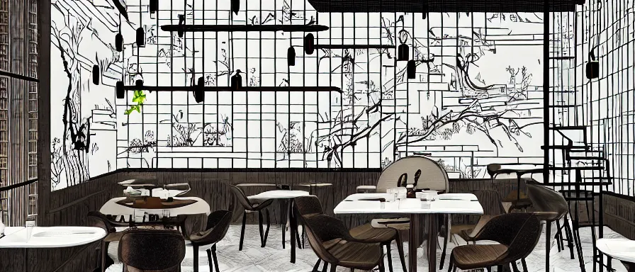 Image similar to a beautiful interior view illustration of a small roasted string hotpot restaurant in yan'an city, restaurant wall paper is a tower on a mountain, rectangle white porcelain table, black chair, animation illustrative style, from china, simple style structure decoration design, victo ngai, james jean, 4 k hd