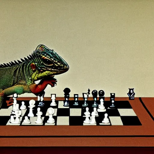 Prompt: lizard playing chess, classic painting