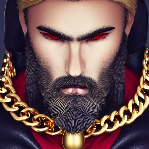 Prompt: a highly detailed full-length man with blond hair, a dark beard, in black and red clothes, with a gold chain and a gold belt, artstation, DeviantArt, professional, octane render