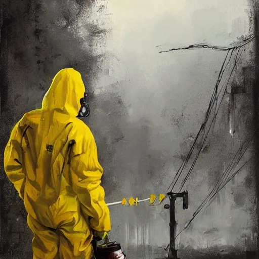 Image similar to a painting of a man in a yellow bio hazard suit holding a bucket and looking at gigantic spider, poster art by jakub rozalski, trending on artstation, nuclear art, apocalypse art, dystopian art, poster art