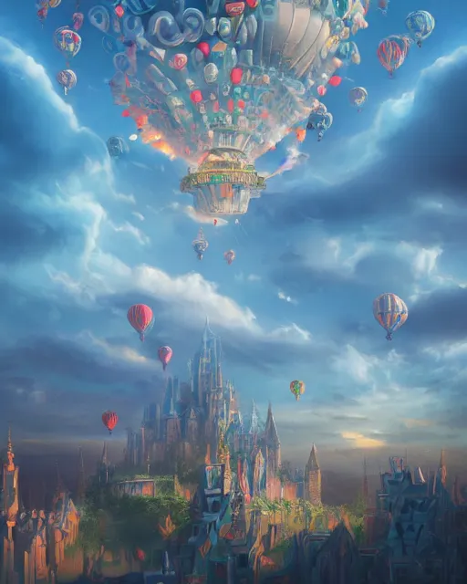 Prompt: flying cloud castle, buildings, baloons, atmosphere, glow, detailed, full of colour, cinematic lighting, trending on artstation, 4 k, hyperrealistic, extreme details, bright, blue sky, mountains, fantasy, masterpiece, art by wylie beckert