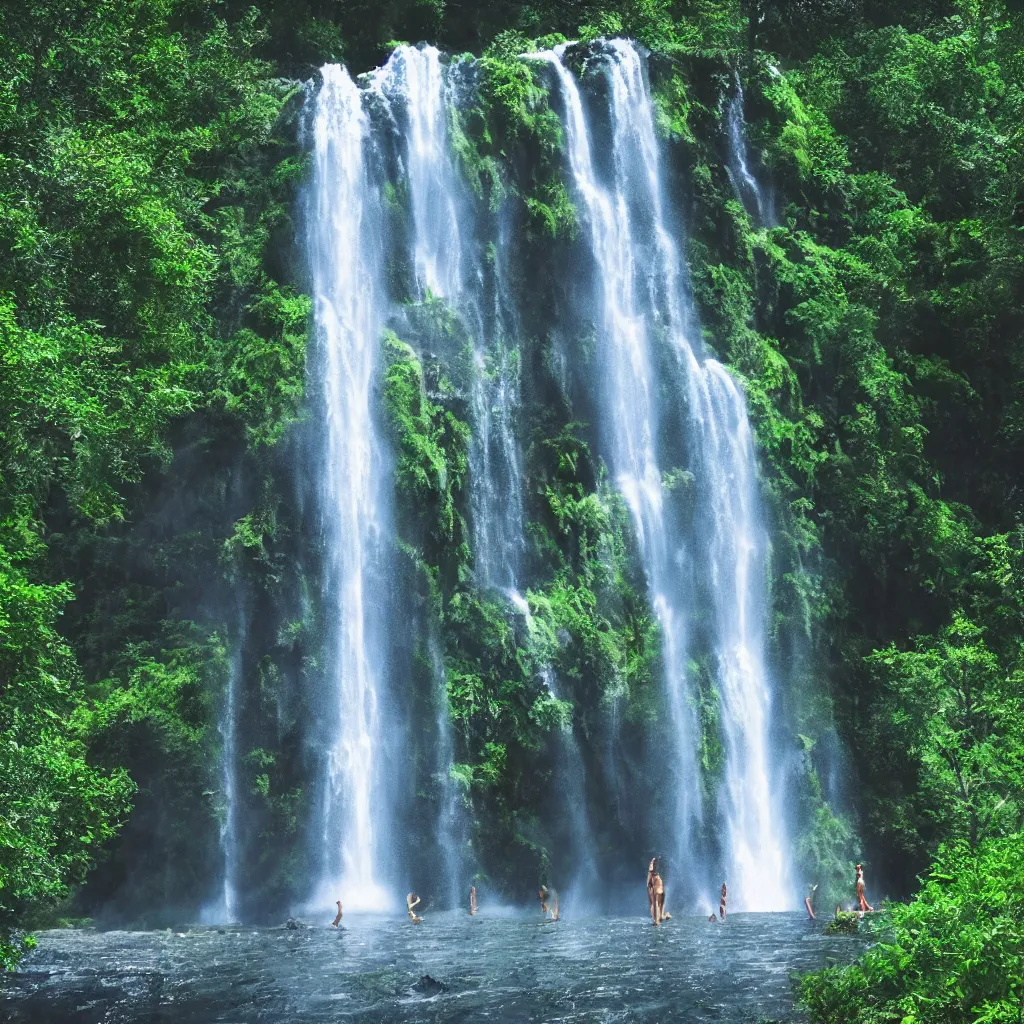 Image similar to huge towering magical waterfall, extreme drama, distant glowing figures, hdr, movie still, fully photorealistic, sharp luminescent focus, nd 6, sony fx 6, glowing luminescent invocations