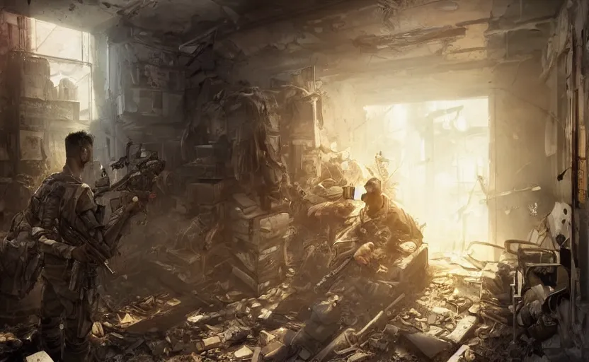 Image similar to American soldiers entering a ruined apartment, post-apocalyptic vibe, digital art made by Stanley Artgerm Lau, WLOP, Rossdraws, James Jean, Andrei Riabovitchev, Marc Simonetti, Yoshitaka Amano, ArtStation, CGSociety