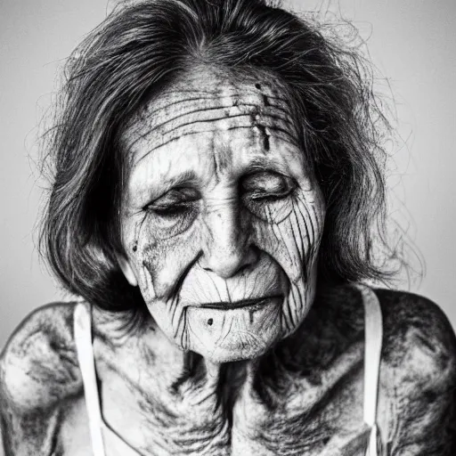 Prompt: scarred older woman, faded beauty, fragile optimism