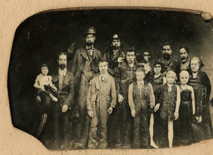 Prompt: a tintype photograph. photo of a group of people in front of the circus of watches, horror a family of monsters