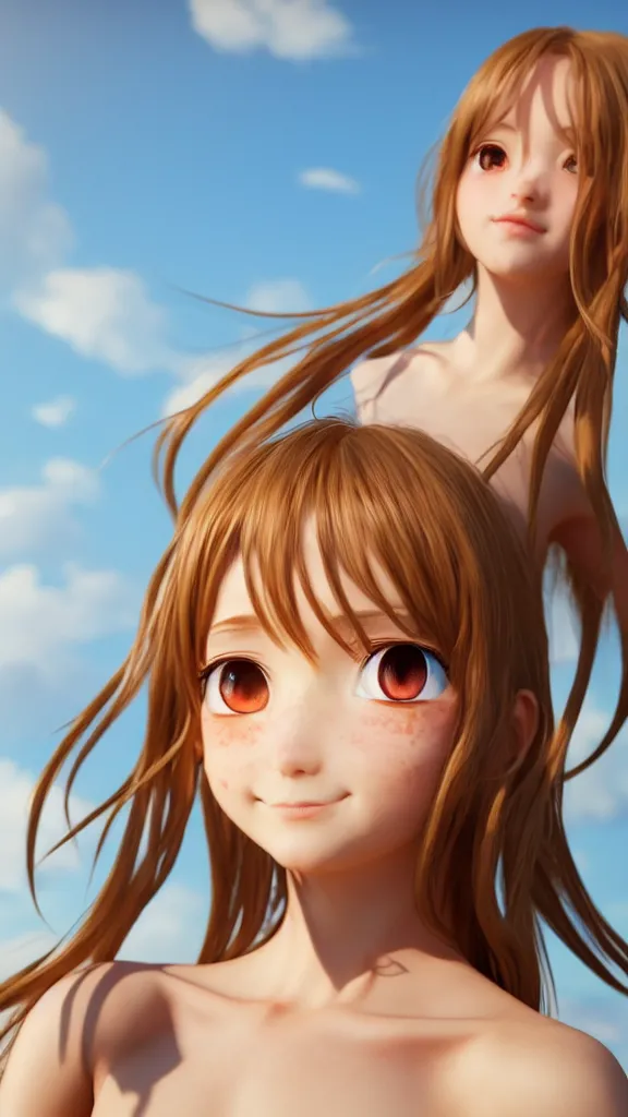 Image similar to Render of a very beautiful 3d anime girl, long hair, hazel eyes, cute freckles, full round face, short smile, cute sundress, golden hour, serene beach setting, medium shot, mid-shot, highly detailed, trending on Artstation, Unreal Engine 4k